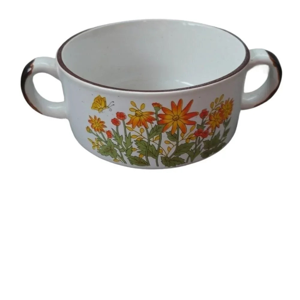 Vintage Stoneware Soup Bowl, 2 Handles  Wildflowers